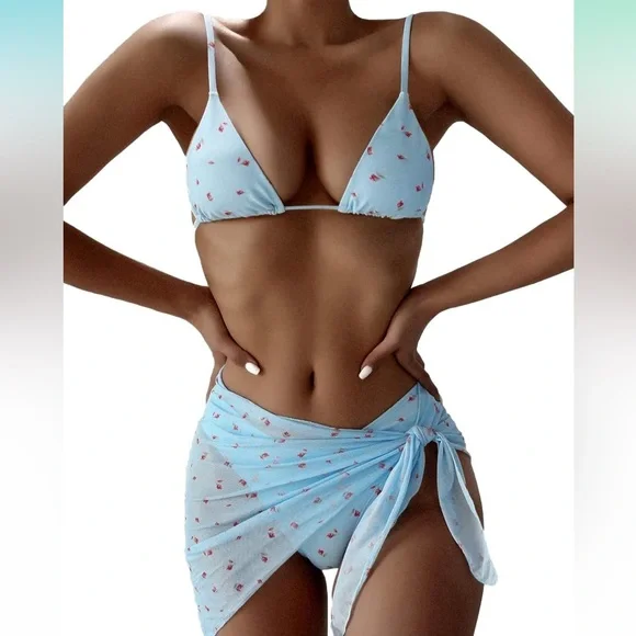 SOLY HUX 3 Piece Triangle Bikini Set with Mesh Cover Up Beach Skirt Blue Floral - Picture 1 of 11